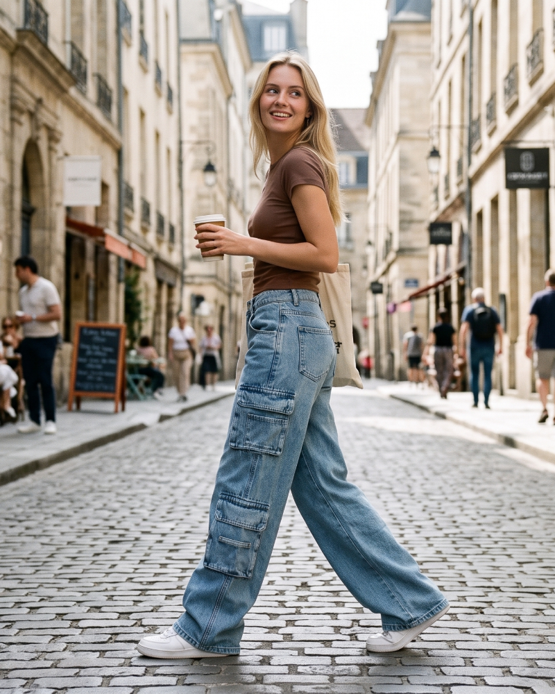 Women's baggy wide-leg cargo jeans front view