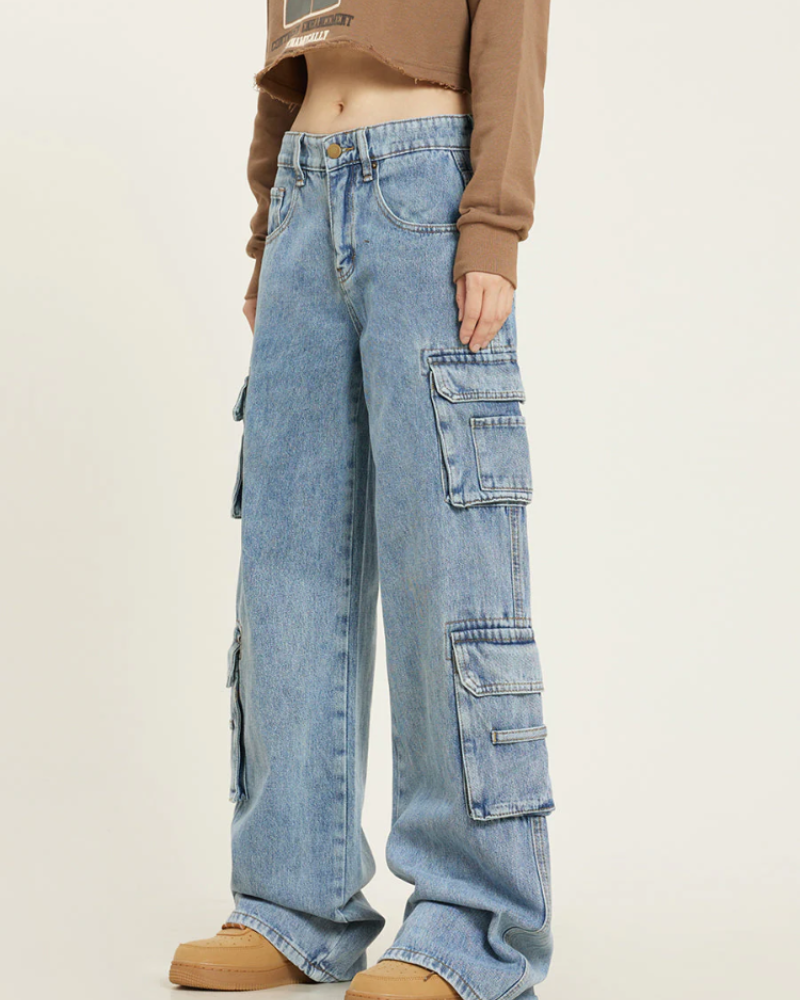 Women's baggy wide-leg cargo jeans utility pockets