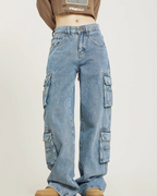 Women's baggy wide-leg cargo jeans back view
