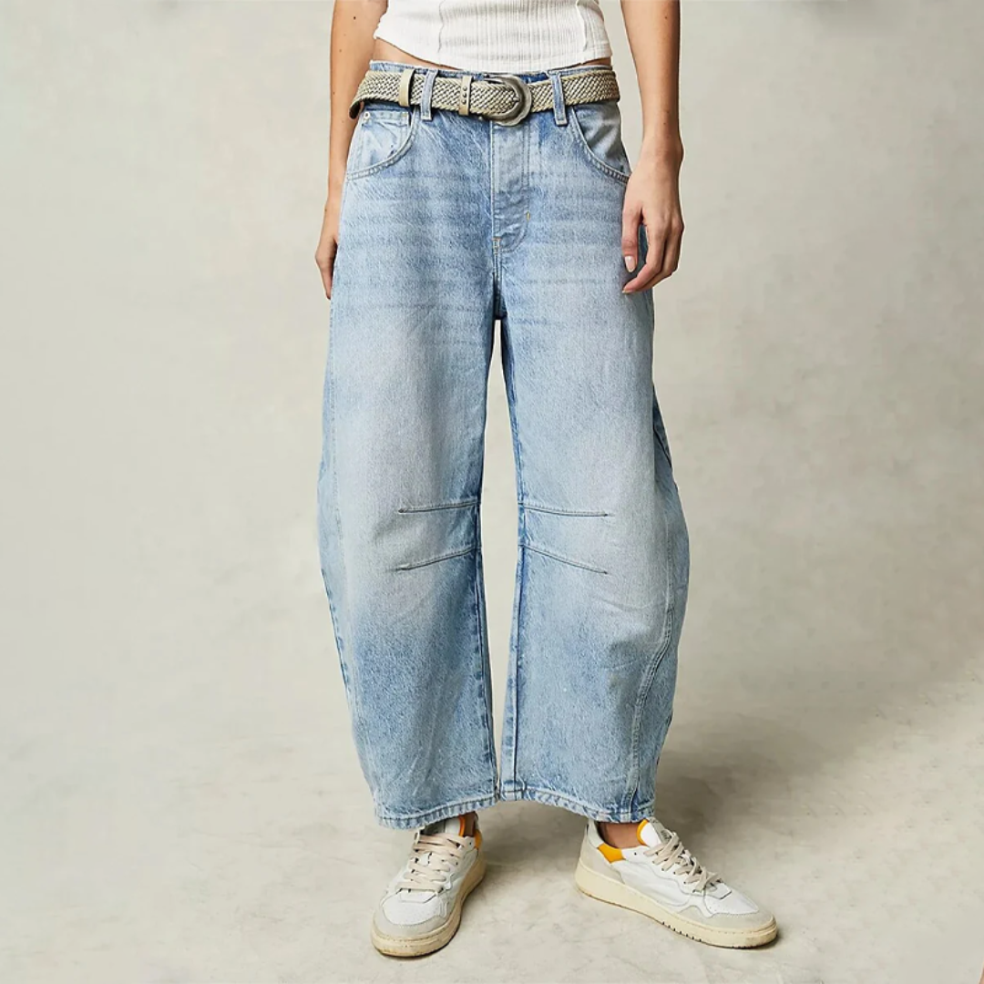 Women's relaxed barrel-leg mid-rise jeans in light blue