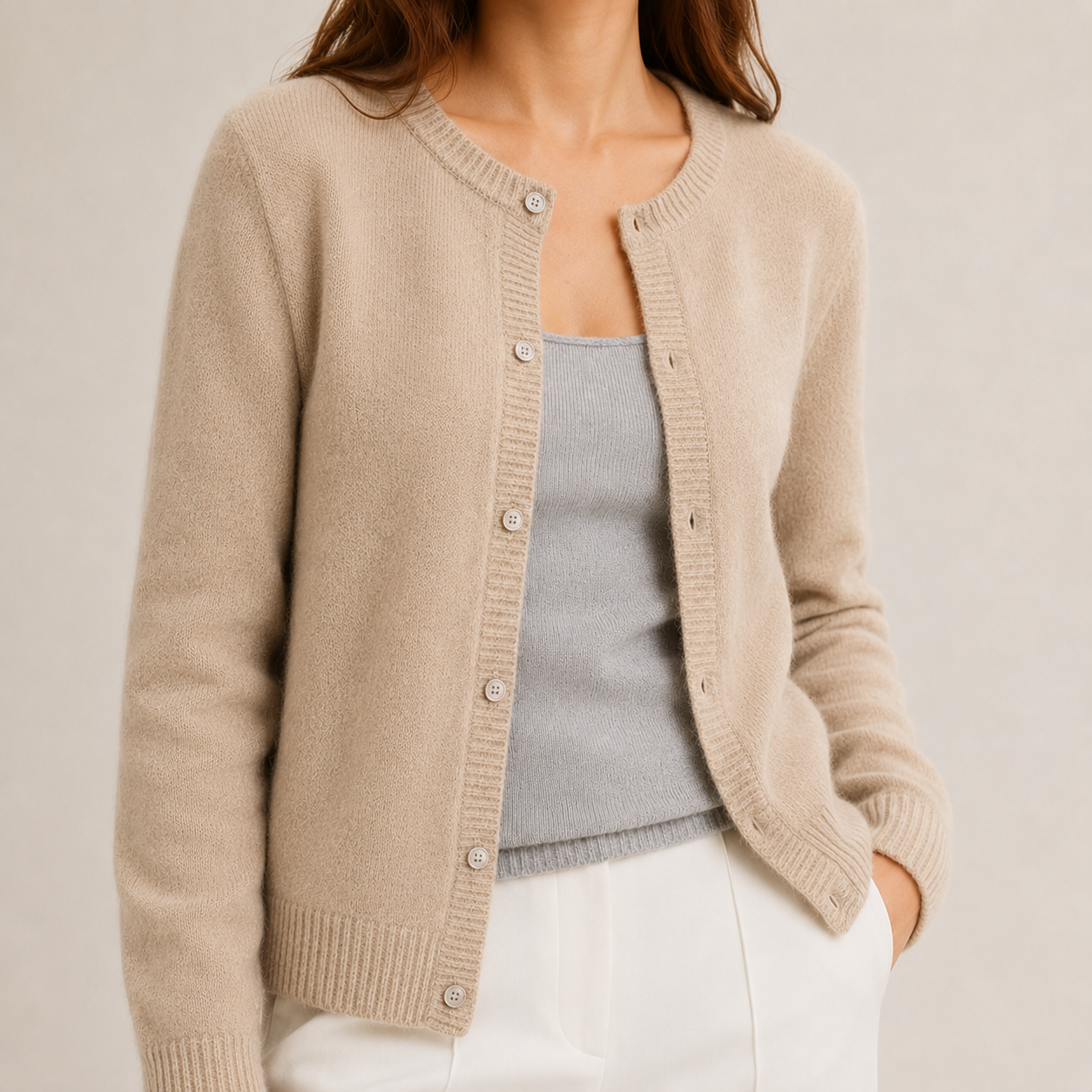 Women's Button-Front Long Cardigan in Beige