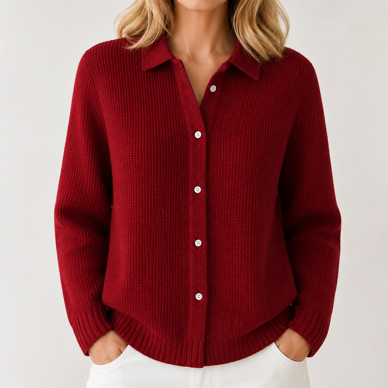 Women's Collared Button-Front Cardigan in Dark Red