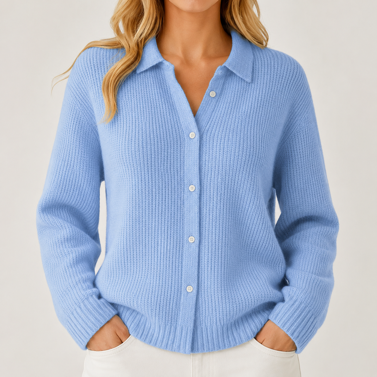 Women's Collared Button-Front Cardigan in Light Blue
