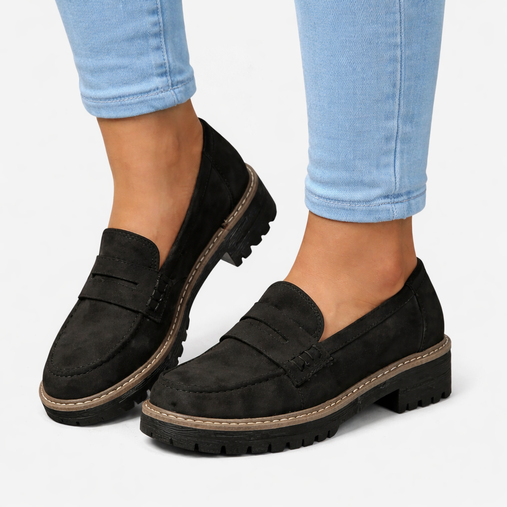 Women's black comfort loafers with suede-look finish and low block heel
