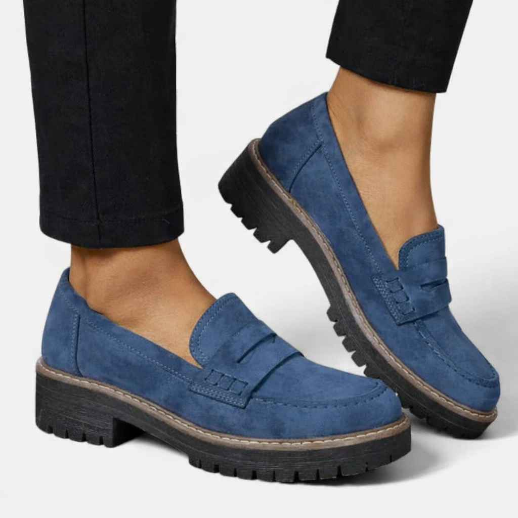 Women's blue comfort loafers with suede-look finish and low block heel