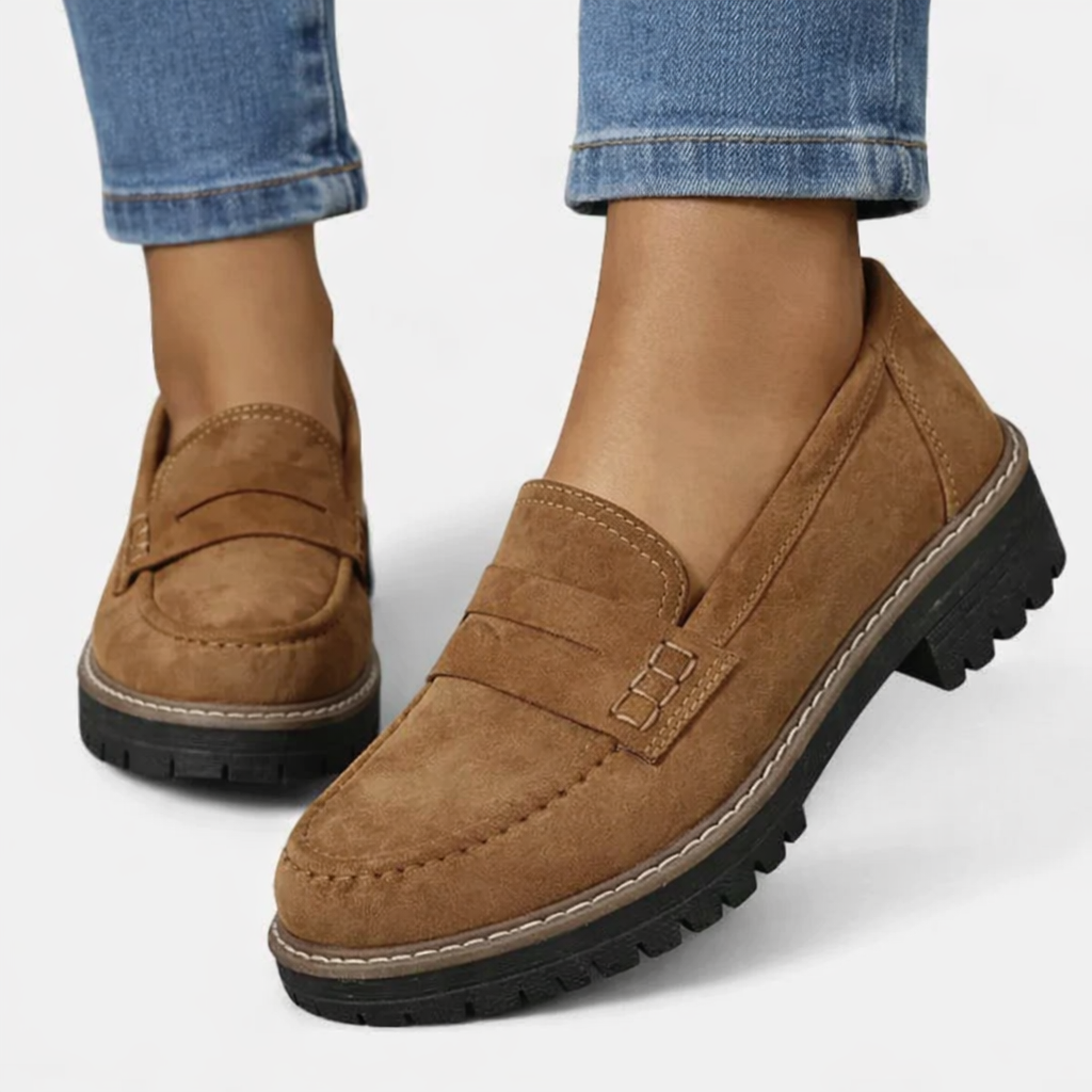 Women's brown comfort loafers with suede-look finish and low block heel