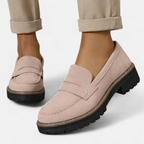 Women's cream comfort loafers with suede-look finish and low block heel