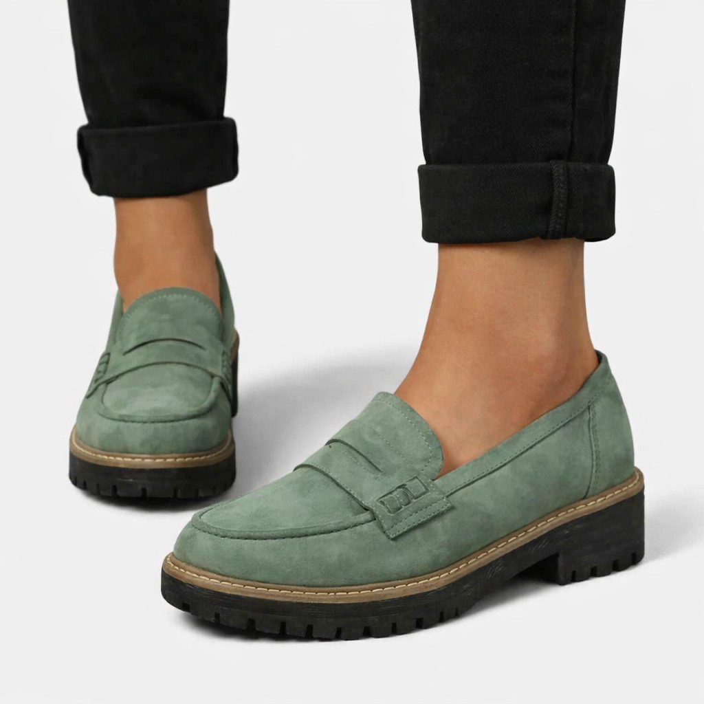 Women's green comfort loafers with suede-look finish and low block heel