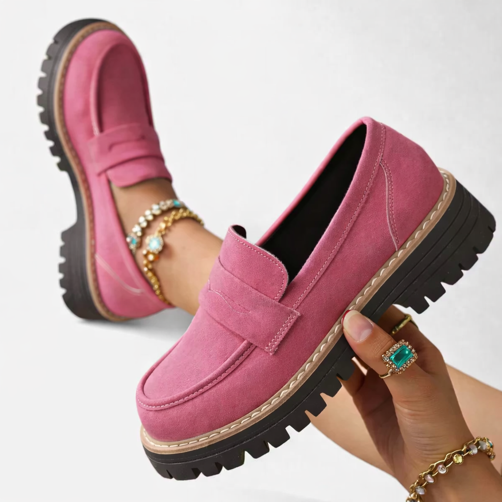 Women's pink comfort loafers with suede-look finish and low block heel