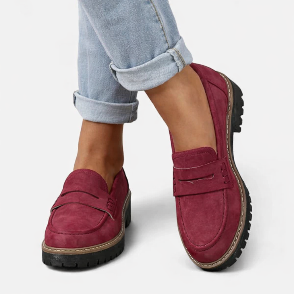 Women's red comfort loafers with suede-look finish and low block heel