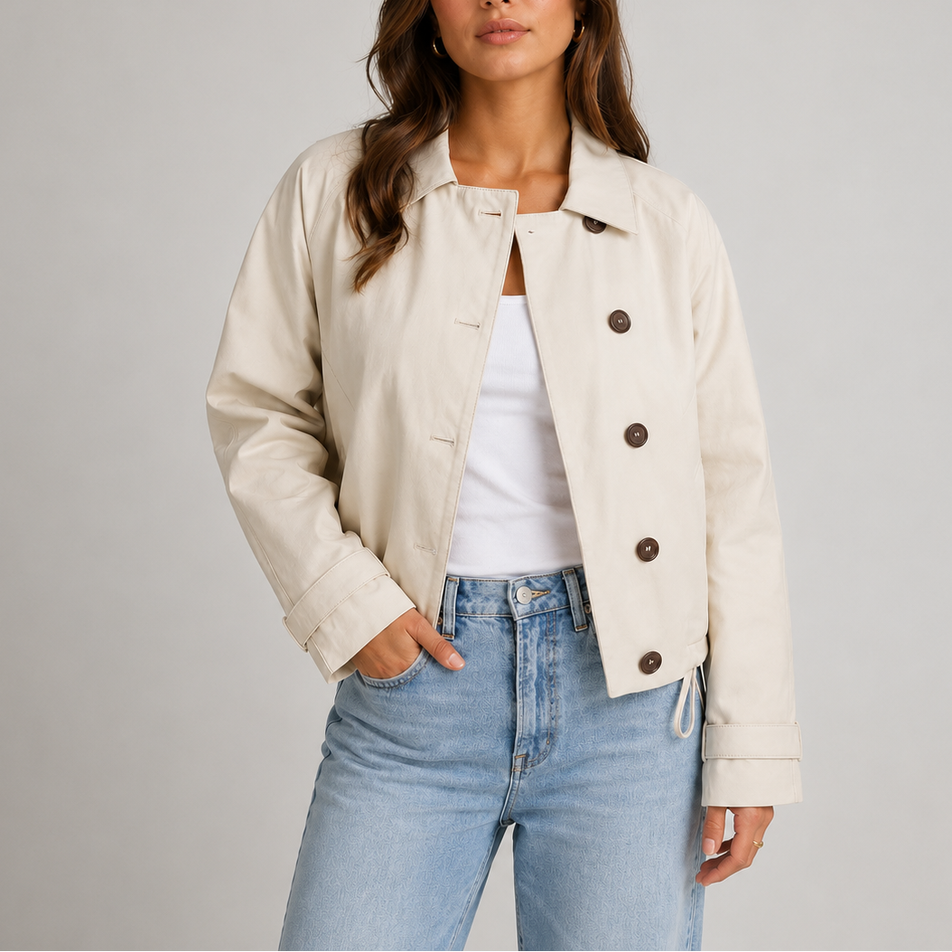 Beige cropped jacket with classic collar and button front, front view on model