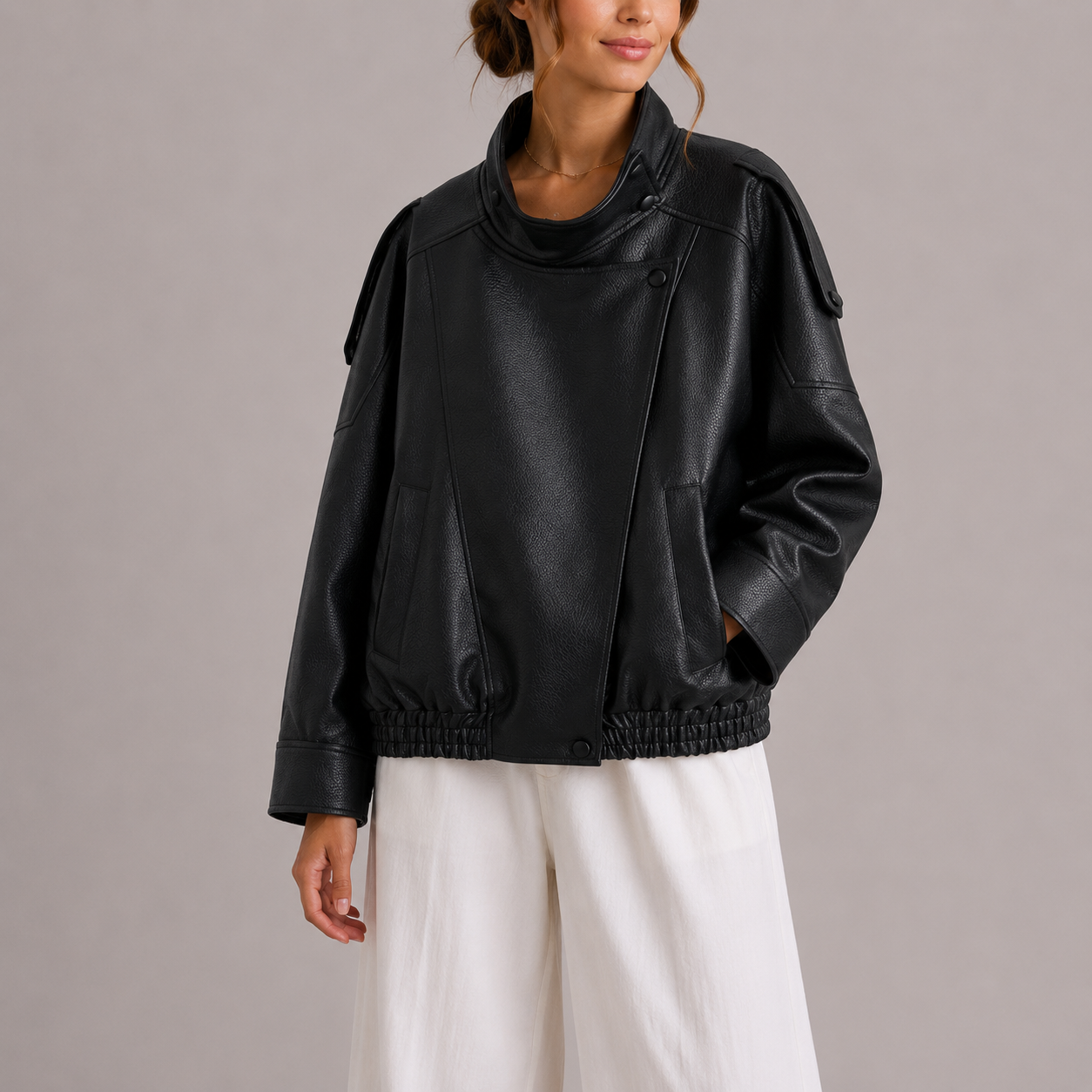 Women's Faux Leather Bomber Jacket with High Collar in Black