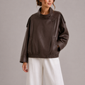 Women's Faux Leather Bomber Jacket with High Collar in Brown