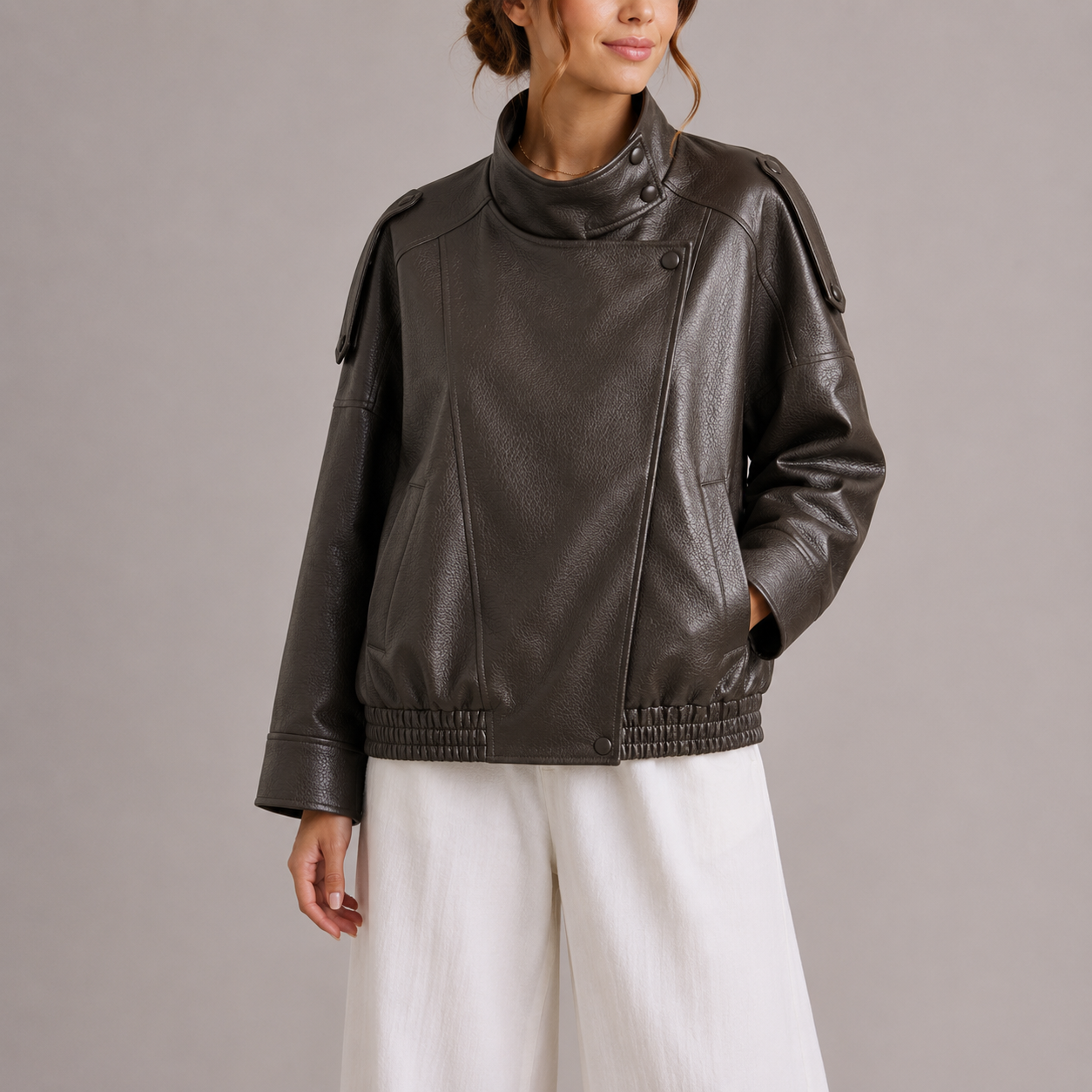 Women's Faux Leather Bomber Jacket with High Collar in Dark Green