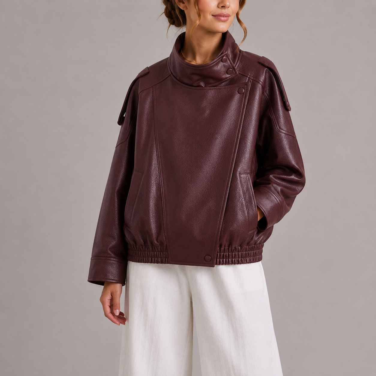 Women's Faux Leather Bomber Jacket with High Collar in Red Carpet