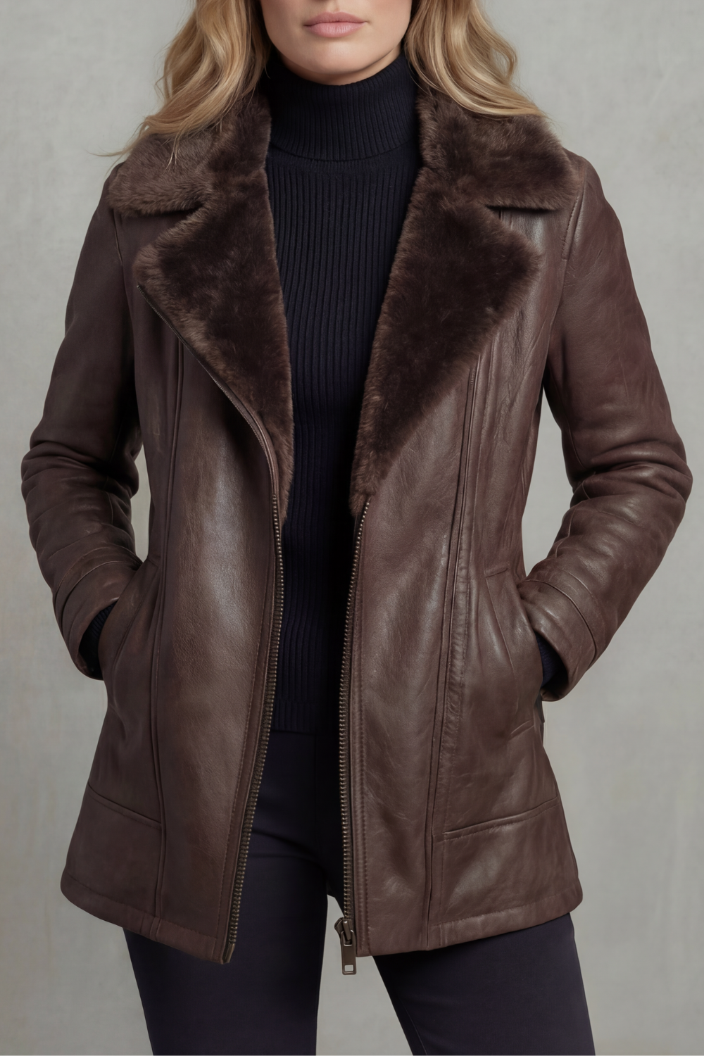 Brown faux leather jacket with oversized shearling collar, three-quarter view