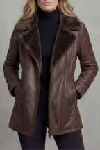 Brown faux leather jacket with oversized shearling collar, three-quarter view