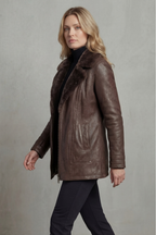 Front view of brown faux leather jacket with full-length zip