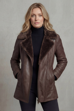 Faux leather jacket with shearling collar, side profile on model