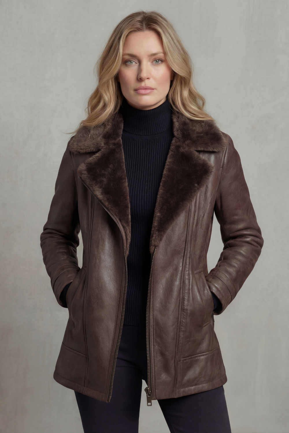 Faux leather jacket with shearling collar, side profile on model
