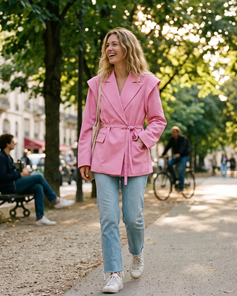 Women's fitted belted blazer pink front view