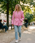 Women's fitted belted blazer pink front view