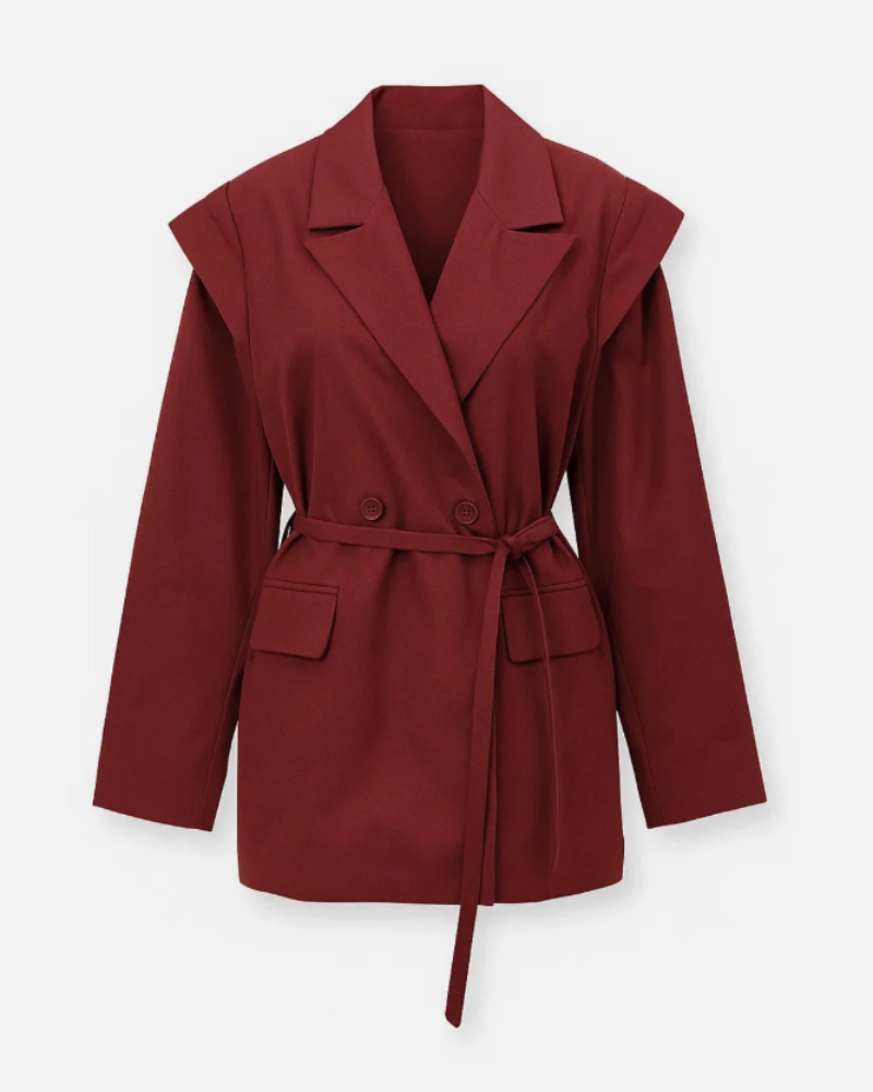 Women's fitted belted blazer red front view