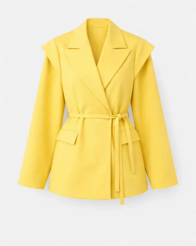 Women's fitted belted blazer yellow front view