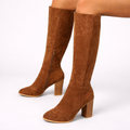 Brown knee-high suede-look heeled boots for women