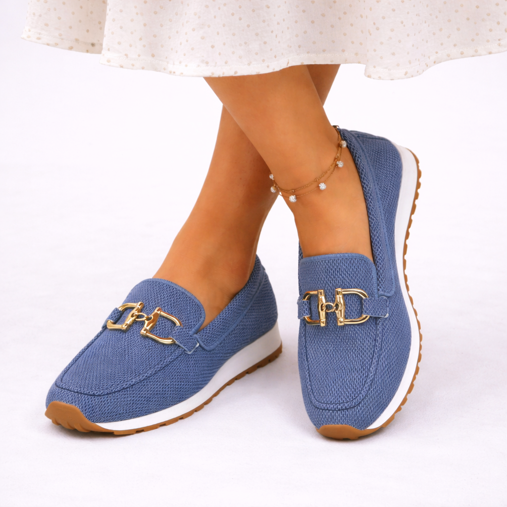 Women's orthopaedic blue slip-on loafers in lightweight knit