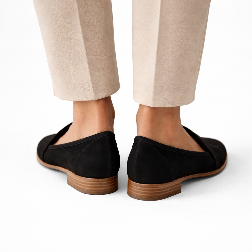 Women's orthopedic suede loafers in black, styled view