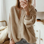 Taupe oversized fluffy knit cardigan with round neck and button front, front view