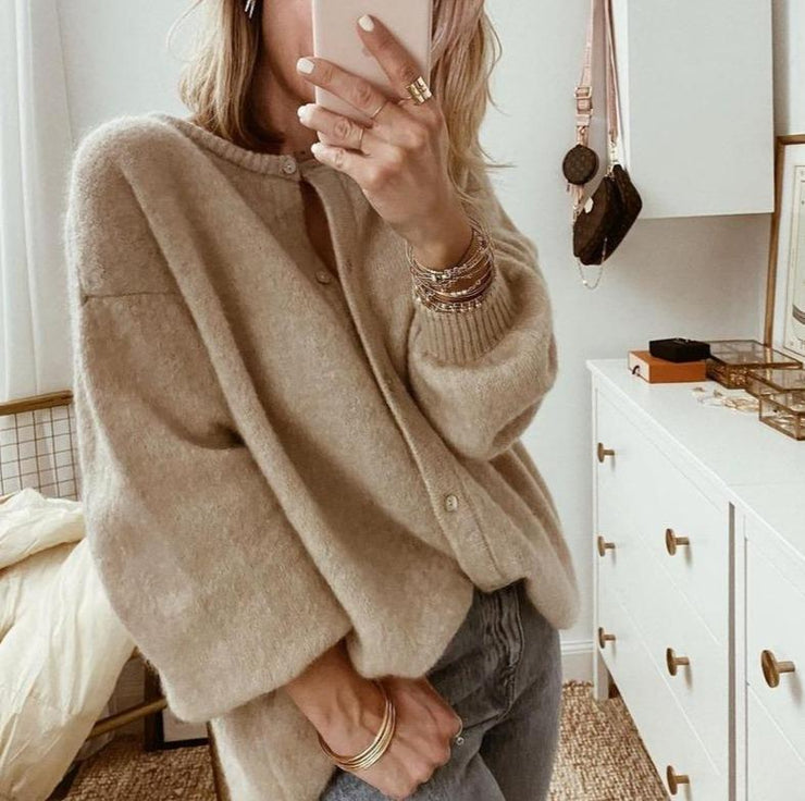 Oversized fluffy knit cardigan in taupe shown on model