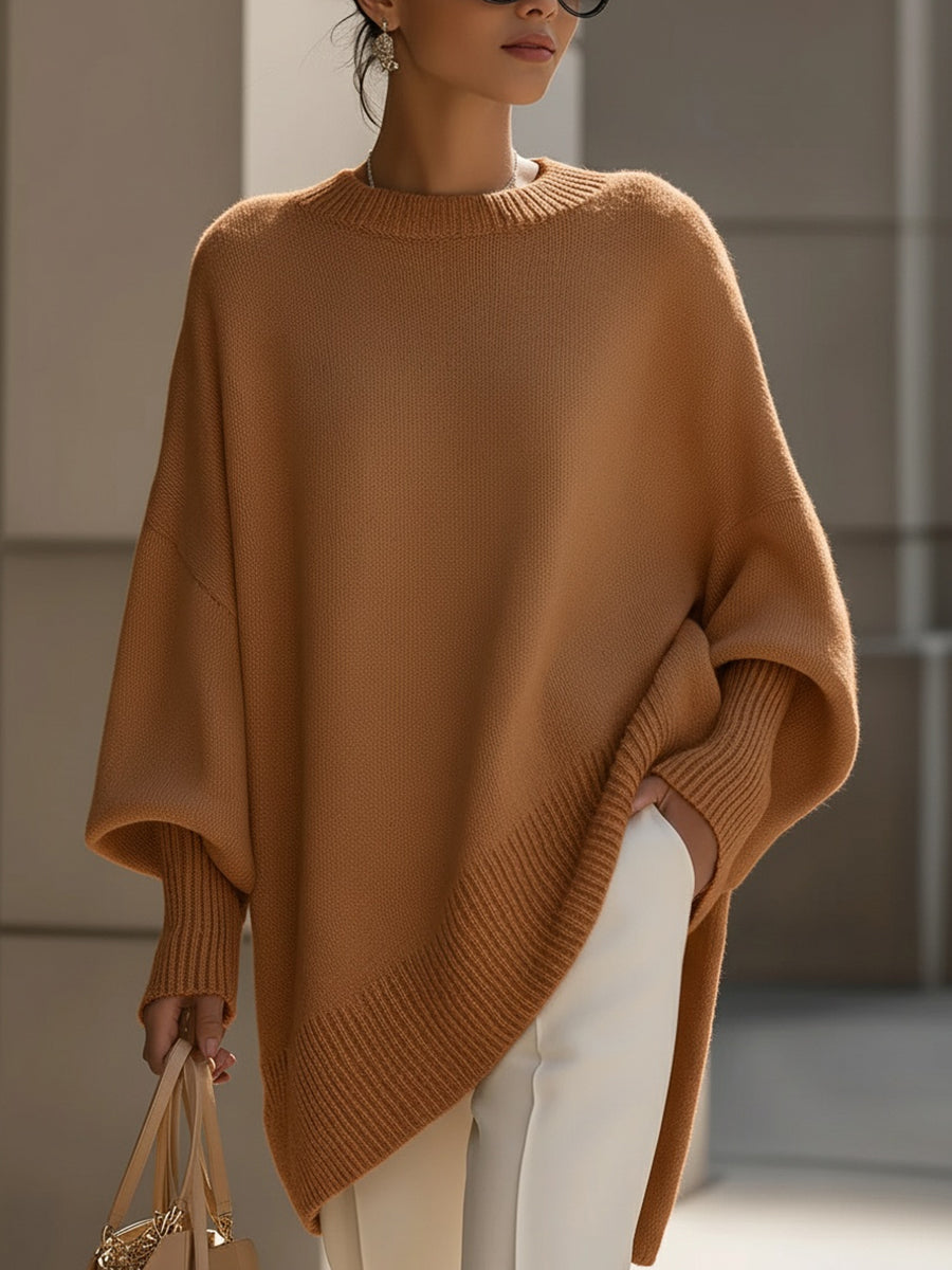 Women's oversized wool-blend round-neck sweater in brown