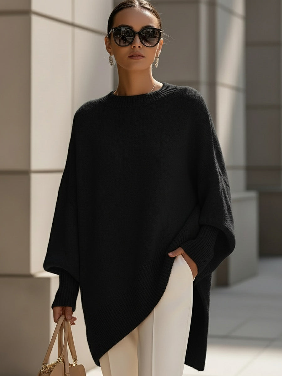 Women's oversized wool-blend round-neck sweater in navy blue