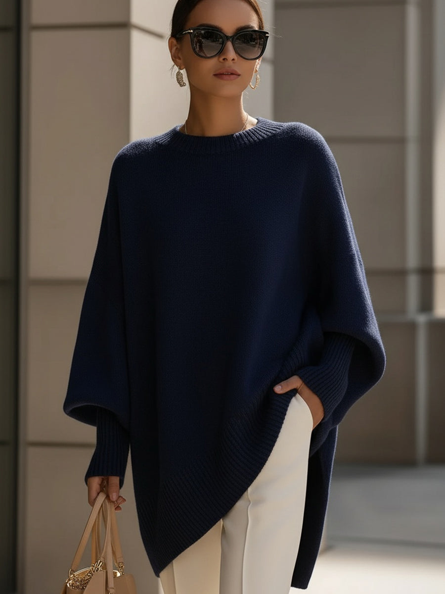Women's oversized wool-blend round-neck sweater in navy blue