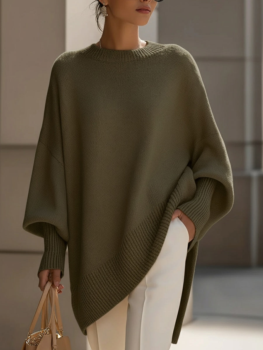 Women's oversized wool-blend round-neck sweater in olive green