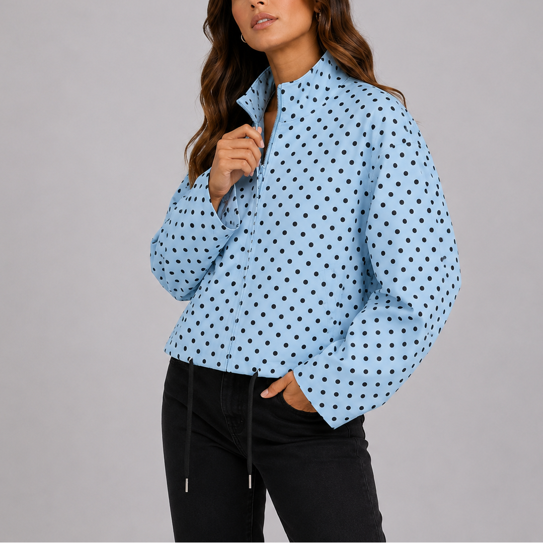 Women's Polka Dot Bomber Jacket in Light Blue