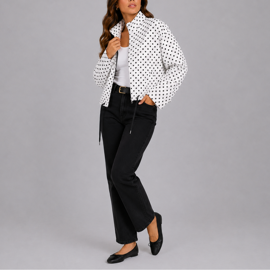 Women's Polka Dot Bomber Jacket in White
