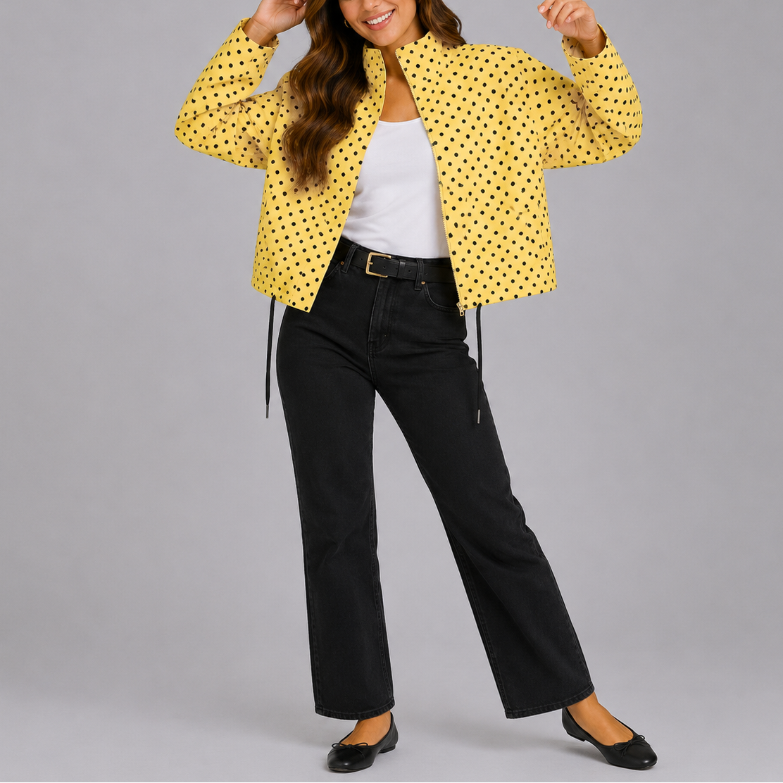 Women's Polka Dot Bomber Jacket in Yellow