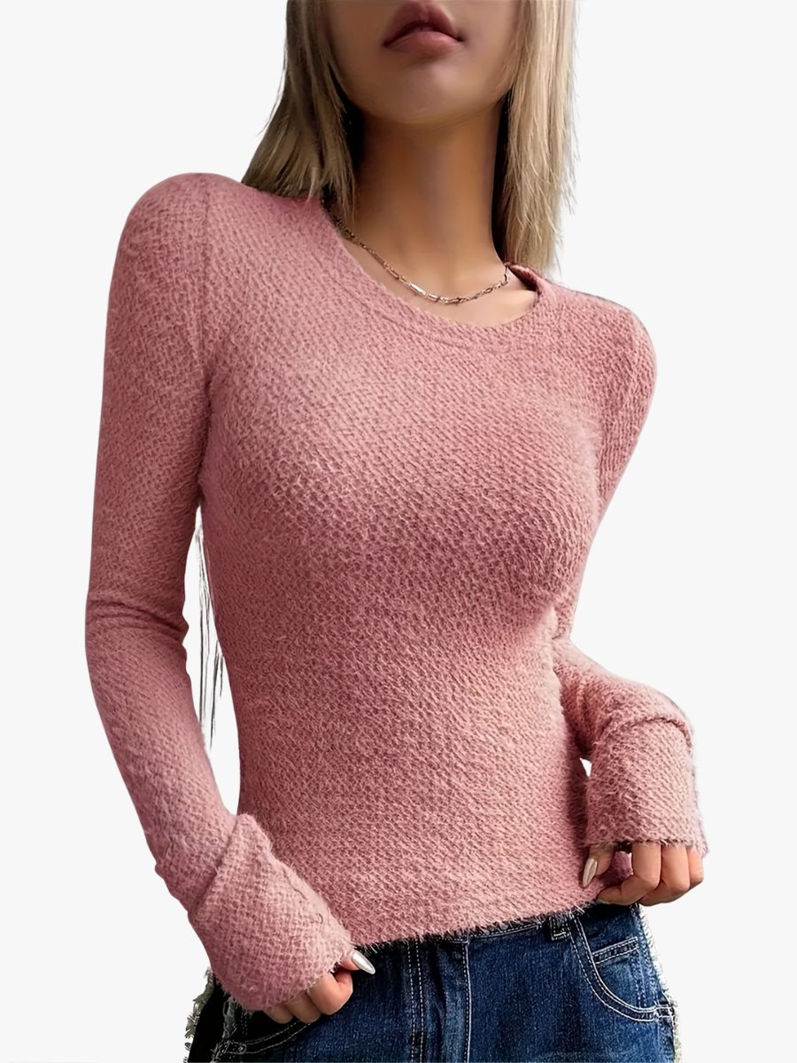 Woman wearing a ribbed knit long sleeve top