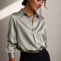 Women's satin button-down pointed collar blouse in green