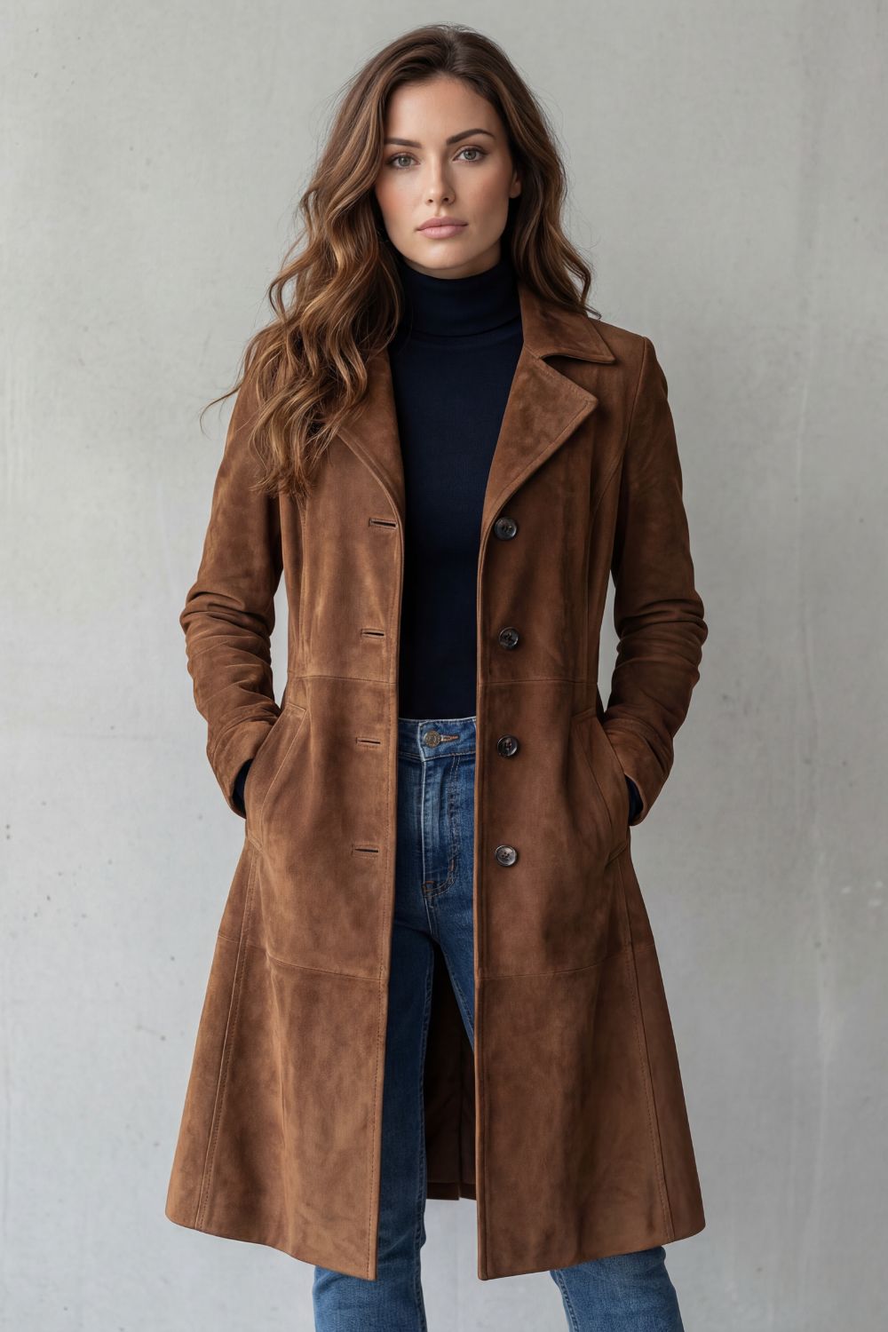 Suede-effect longline coat back view showing panelled A-line skirt