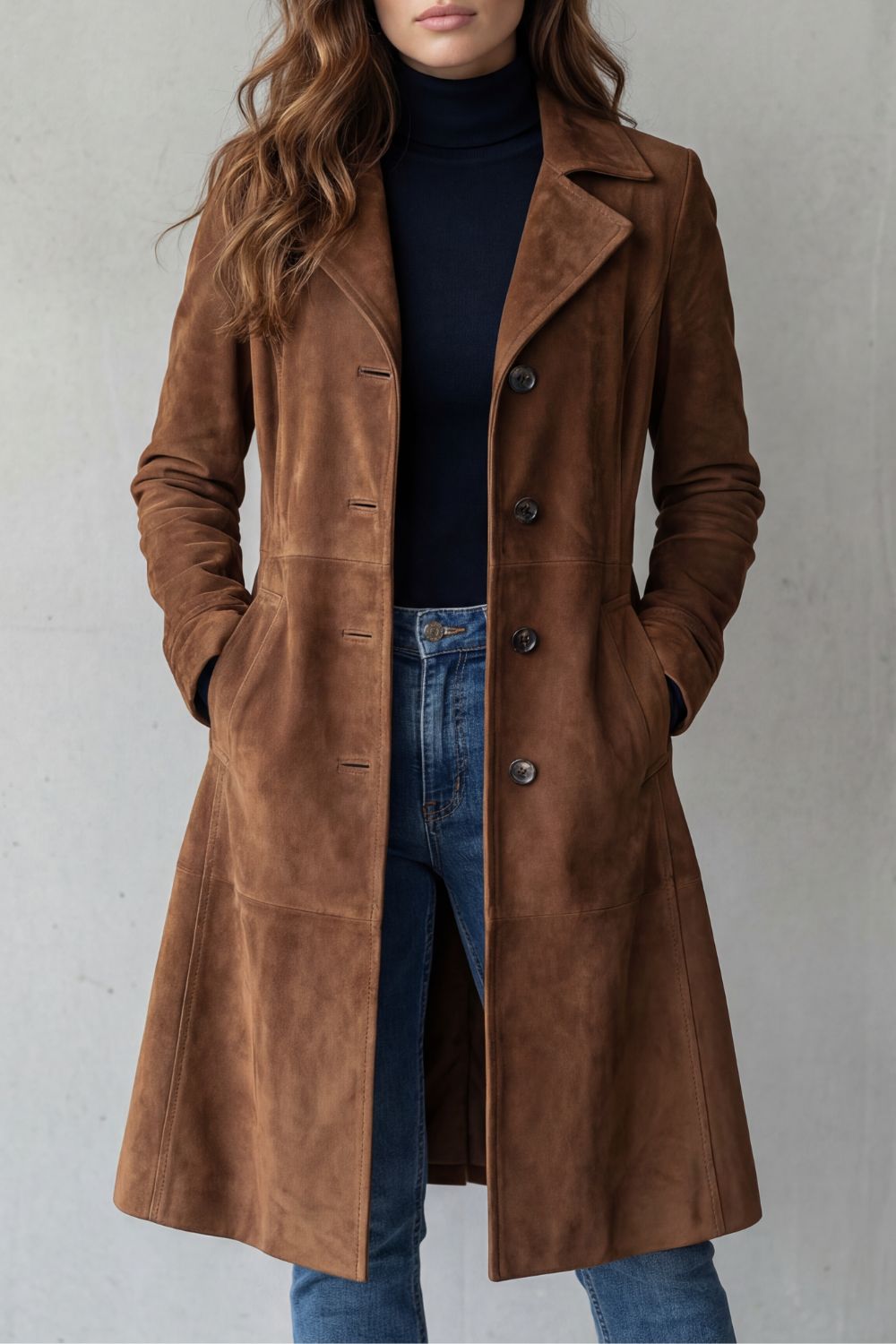 Brown vintage suede-effect longline coat, front view on model