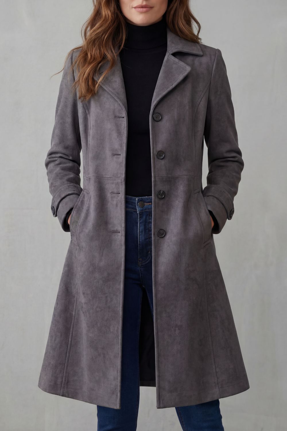 Charcoal suede-effect longline coat shown on model