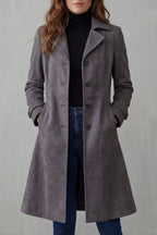 Charcoal suede-effect longline coat shown on model