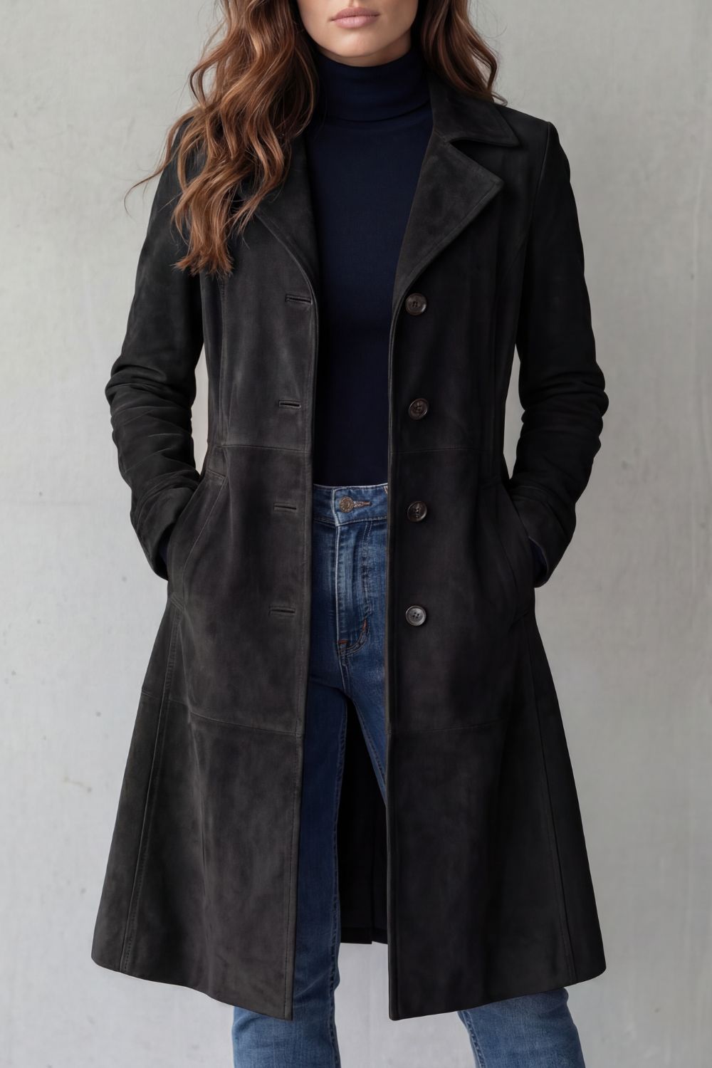 Close-up of soft suede-effect fabric and button-front detail