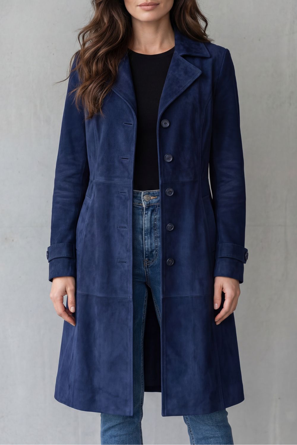 Navy suede-effect longline coat shown on model