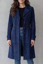 Navy suede-effect longline coat shown on model