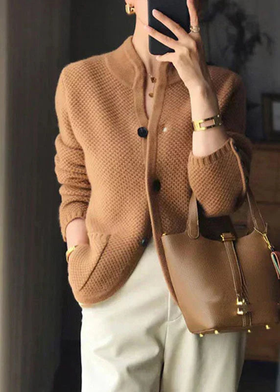 Women's textured-knit cardigan with stand collar in camel